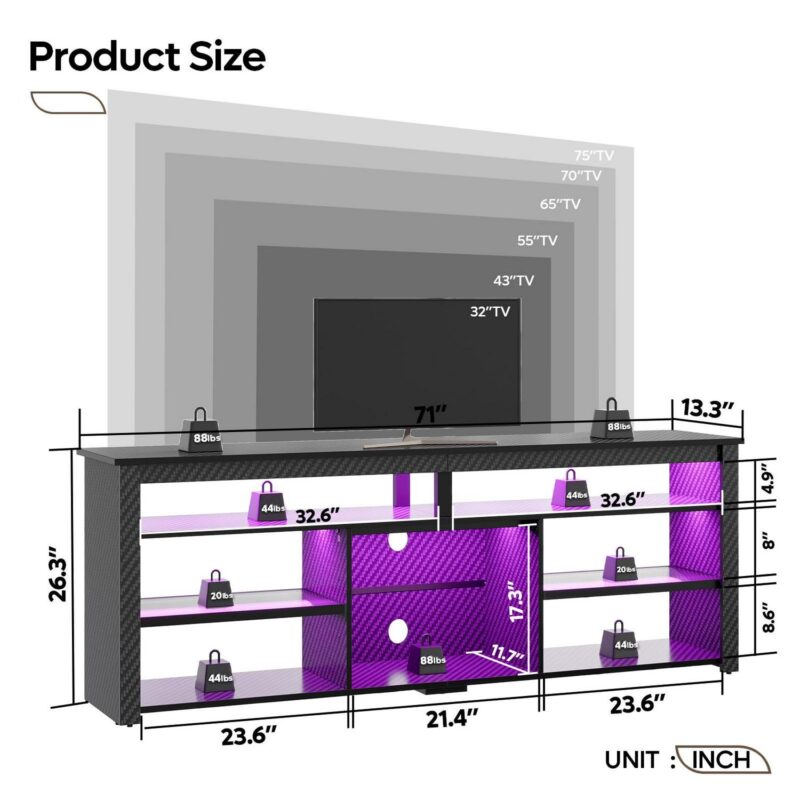 Bestier 70  Gaming Entertainment Center for TV up to 75  LED TV Stand for PS5 Tall TV Console with Shelves, Carbon Fiber - Image 4