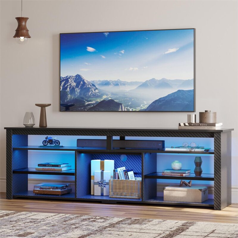 Bestier 70  Gaming Entertainment Center for TV up to 75  LED TV Stand for PS5 Tall TV Console with Shelves, Carbon Fiber - Image 2