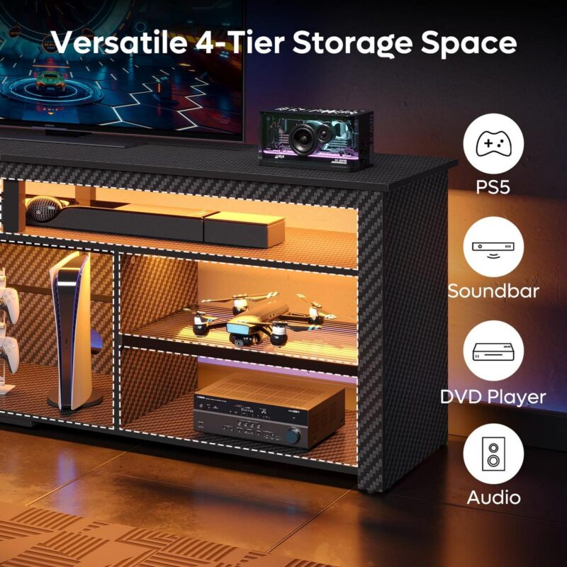 Bestier 70  Gaming Entertainment Center for TV up to 75  LED TV Stand for PS5 Tall TV Console with Shelves, Carbon Fiber - Image 7