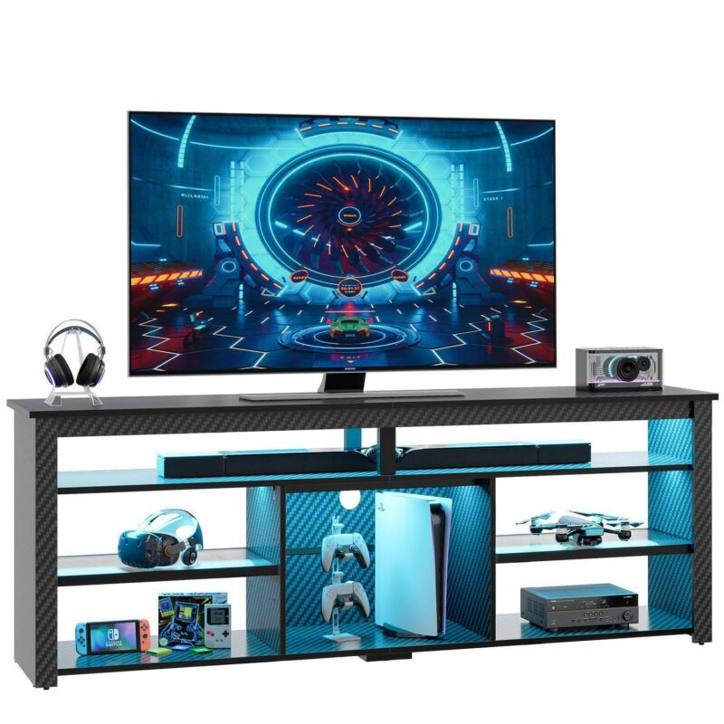 Bestier 70  Gaming Entertainment Center for TV up to 75  LED TV Stand for PS5 Tall TV Console with Shelves, Carbon Fiber - Image 9