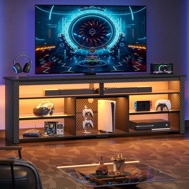 Bestier 70  Gaming Entertainment Center for TV up to 75  LED TV Stand for PS5 Tall TV Console with Shelves, Carbon Fiber - Image 3
