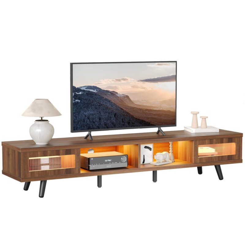 Bestier 70  LED TV Stand for TVs up to 75  TV, Mid-Century Modern Entertainment Center with Sliding Glass Door, Media TV Console Table, Ancona Walnut - Image 9