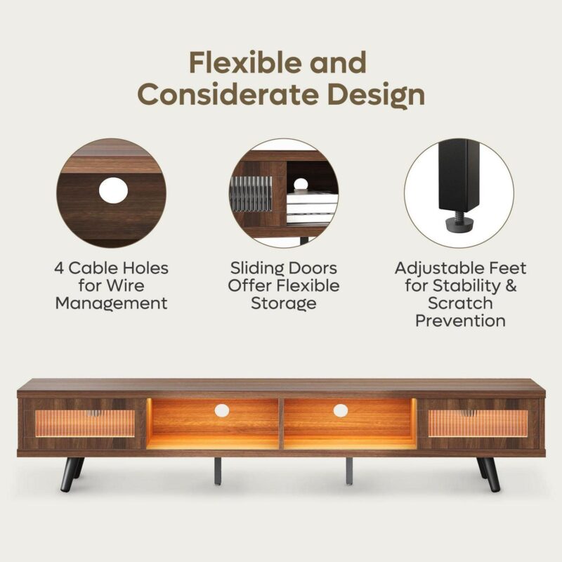 Bestier 70  LED TV Stand for TVs up to 75  TV, Mid-Century Modern Entertainment Center with Sliding Glass Door, Media TV Console Table, Ancona Walnut - Image 6
