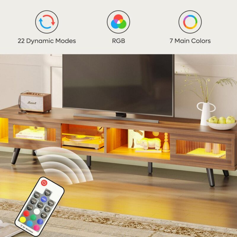Bestier 70  LED TV Stand for TVs up to 75  TV, Mid-Century Modern Entertainment Center with Sliding Glass Door, Media TV Console Table, Ancona Walnut - Image 7