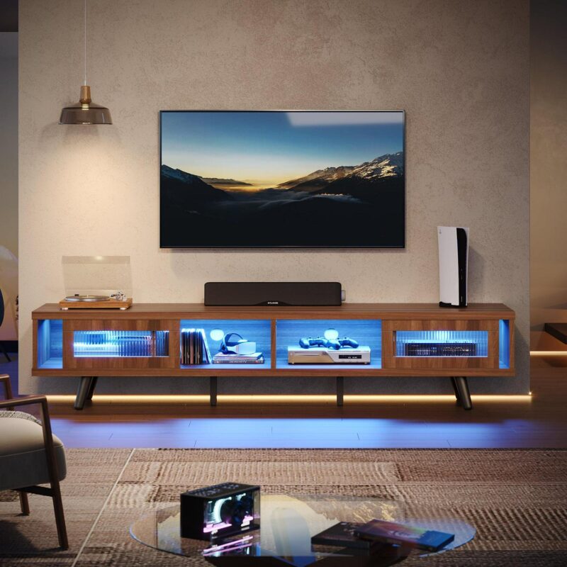 Bestier 70  LED TV Stand for TVs up to 75  TV, Mid-Century Modern Entertainment Center with Sliding Glass Door, Media TV Console Table, Ancona Walnut - Image 2