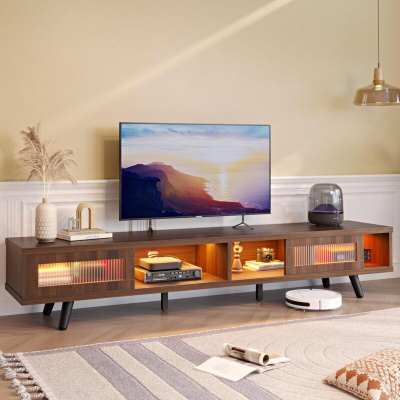 Bestier 70  LED TV Stand for TVs up to 75  TV, Mid-Century Modern Entertainment Center with Sliding Glass Door, Media TV Console Table, Ancona Walnut