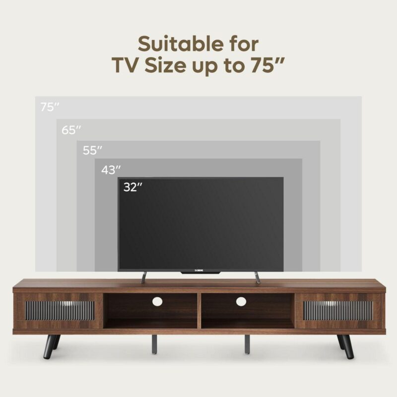 Bestier 70  LED TV Stand for TVs up to 75  TV, Mid-Century Modern Entertainment Center with Sliding Glass Door, Media TV Console Table, Ancona Walnut - Image 8