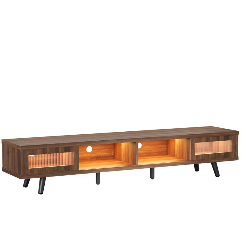 Bestier 70  LED TV Stand for TVs up to 75  TV, Mid-Century Modern Entertainment Center with Sliding Glass Door, Media TV Console Table, Ancona Walnut - Image 10
