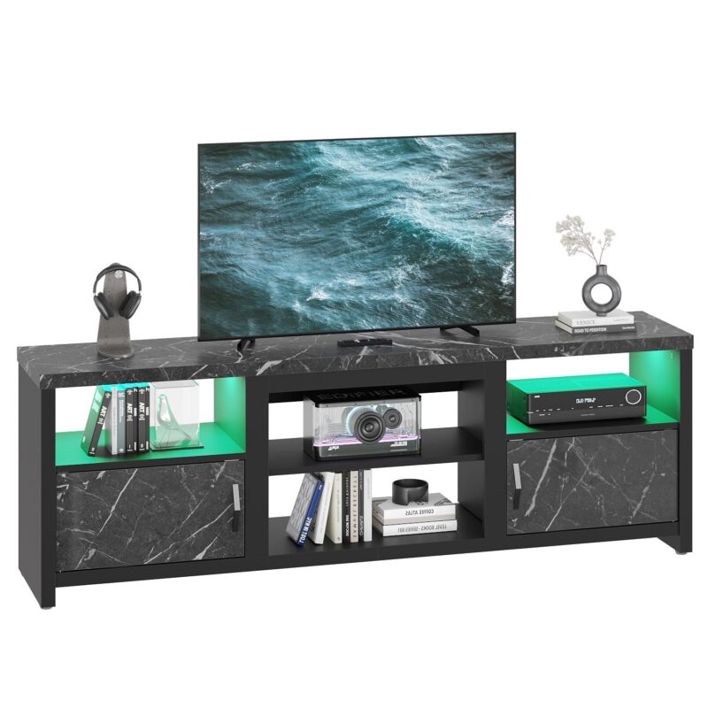 Bestier 70  LED TV Stand for TVs up to 80  with Cabinet and Open Shelves, Modern Entertainment Center for PS5, Black Marble - Image 10