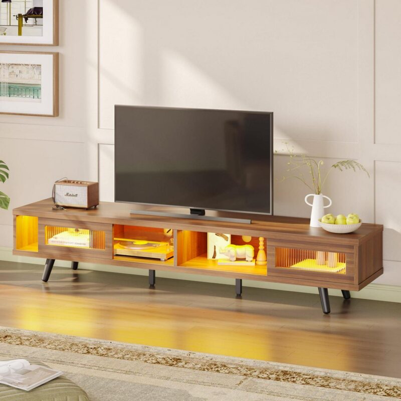 Bestier 70  LED TV Stand for TVs up to 75  TV, Mid-Century Modern Entertainment Center with Sliding Glass Door, Media TV Console Table, Ancona Walnut - Image 4