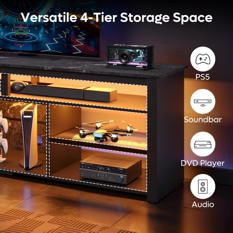 Bestier 70  TV Stand for 75  TV LED Gaming Entertainment Center for PS5 Modern TV Console with Shelves, Black Marble - Image 4