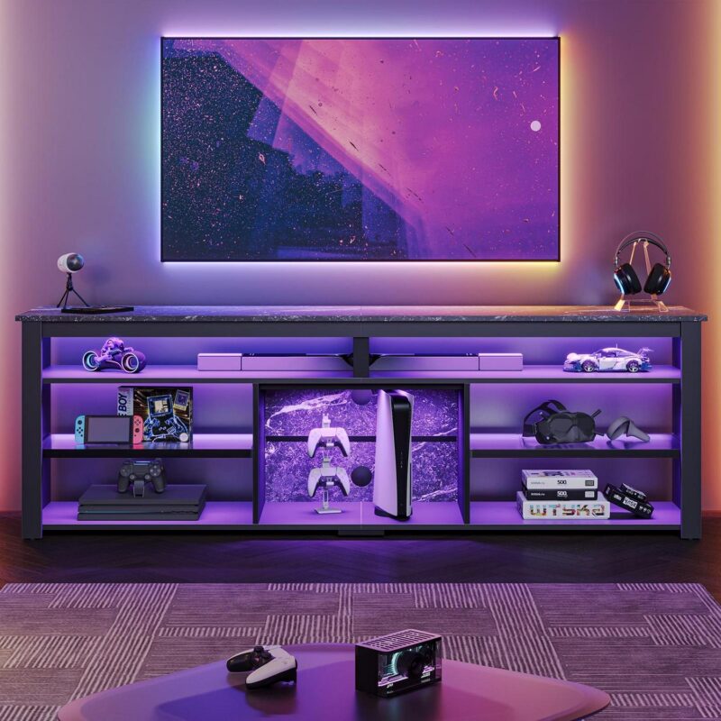 Bestier 70  TV Stand for 75  TV LED Gaming Entertainment Center for PS5 Modern TV Console with Shelves, Black Marble - Image 6