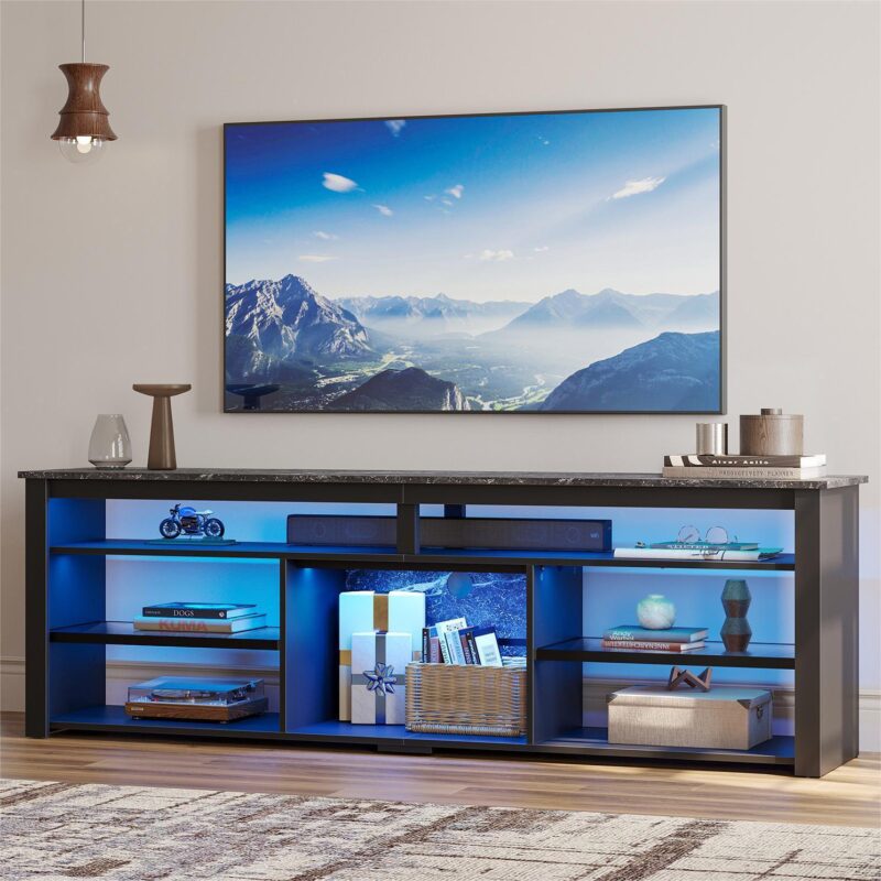 Bestier 70  TV Stand for 75  TV LED Gaming Entertainment Center for PS5 Modern TV Console with Shelves, Black Marble