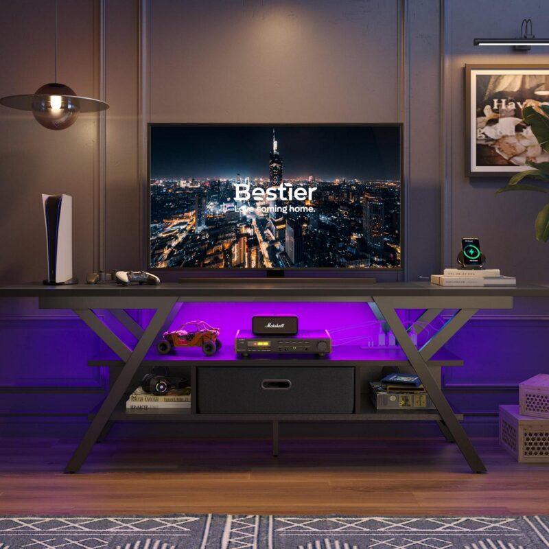 Bestier 70  TV Stand for TVs up to 75  with Power Outlets Gaming Entertainment Center with LED Light, Carbon Fiber - Image 8