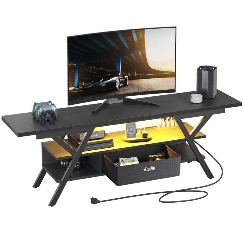 Bestier 70  TV Stand for TVs up to 75  with Power Outlets Gaming Entertainment Center with LED Light, Carbon Fiber - Image 2
