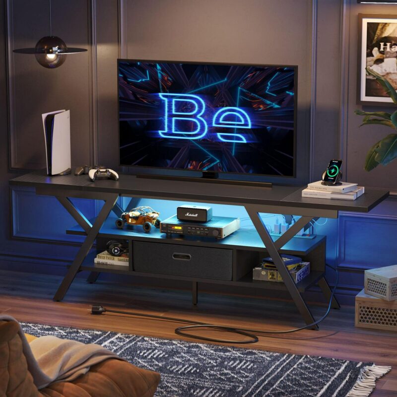 Bestier 70  TV Stand for TVs up to 75  with Power Outlets Gaming Entertainment Center with LED Light, Carbon Fiber - Image 9