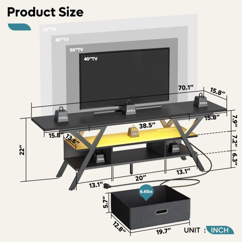 Bestier 70  TV Stand for TVs up to 75  with Power Outlets Gaming Entertainment Center with LED Light, Carbon Fiber - Image 7