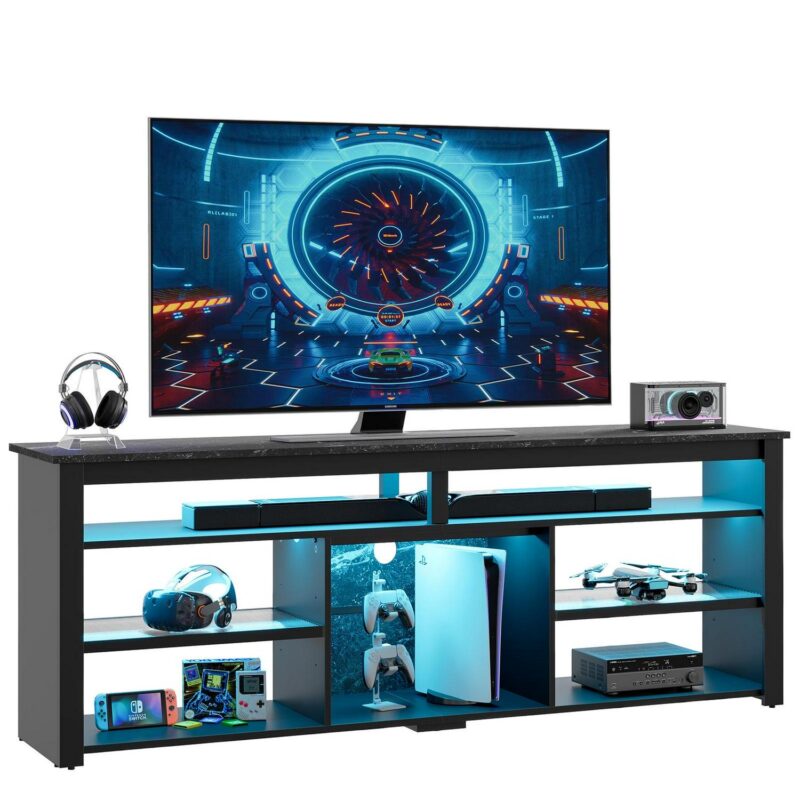 Bestier 70  TV Stand for 75  TV LED Gaming Entertainment Center for PS5 Modern TV Console with Shelves, Black Marble - Image 7