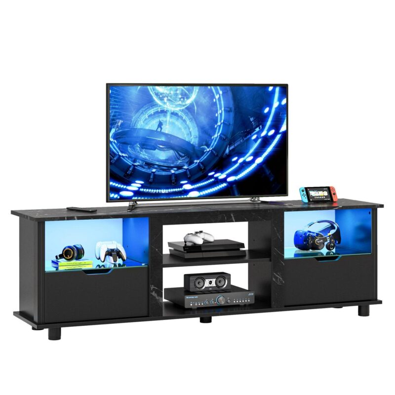 Bestier 70 inch TV Stand with LED Lights, Entertainment Center for TVs up to 75 , TV Console Table with Drawers and Adjustable Shelves, Black Marble - Image 8