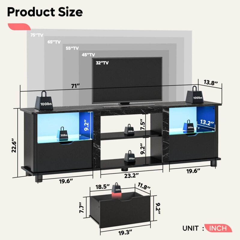 Bestier 70 inch TV Stand with LED Lights, Entertainment Center for TVs up to 75 , TV Console Table with Drawers and Adjustable Shelves, Black Marble - Image 4