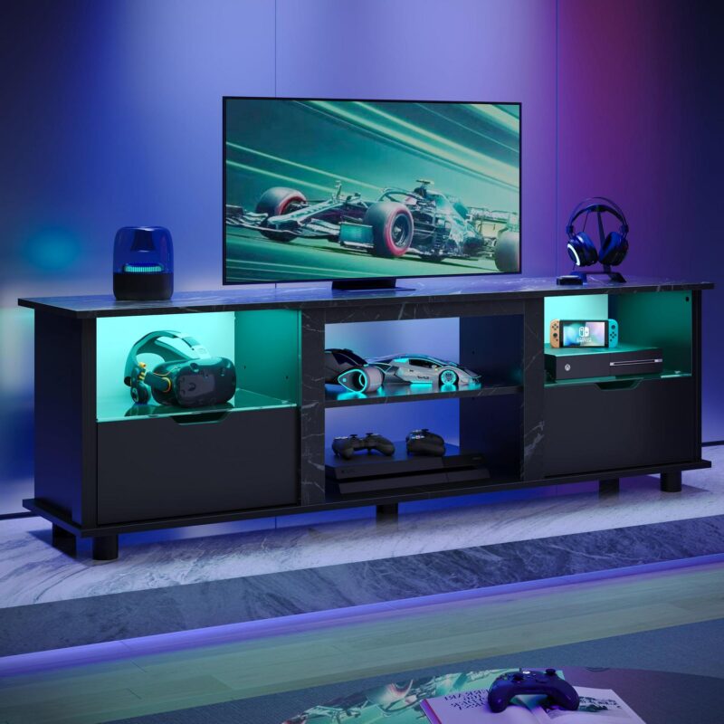 Bestier 70 inch TV Stand with LED Lights, Entertainment Center for TVs up to 75 , TV Console Table with Drawers and Adjustable Shelves, Black Marble - Image 7