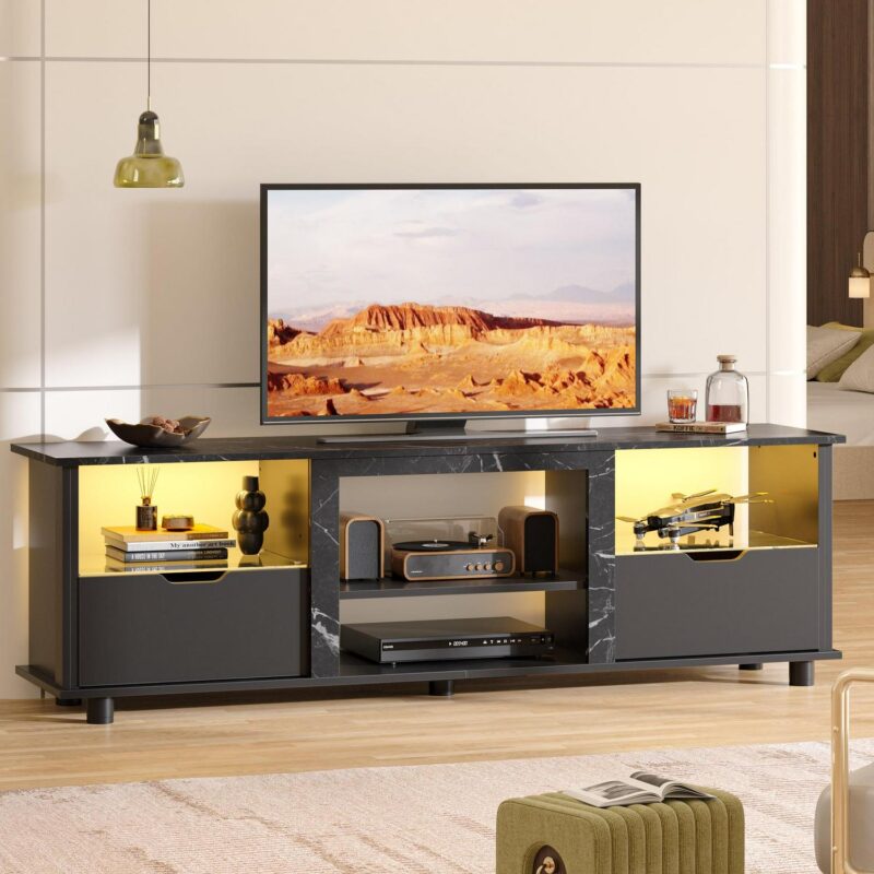 Bestier 70 inch TV Stand with LED Lights, Entertainment Center for TVs up to 75 , TV Console Table with Drawers and Adjustable Shelves, Black Marble - Image 5