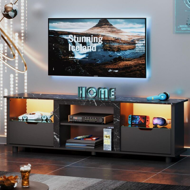 Bestier 70 inch TV Stand with LED Lights, Entertainment Center for TVs up to 75 , TV Console Table with Drawers and Adjustable Shelves, Black Marble - Image 6