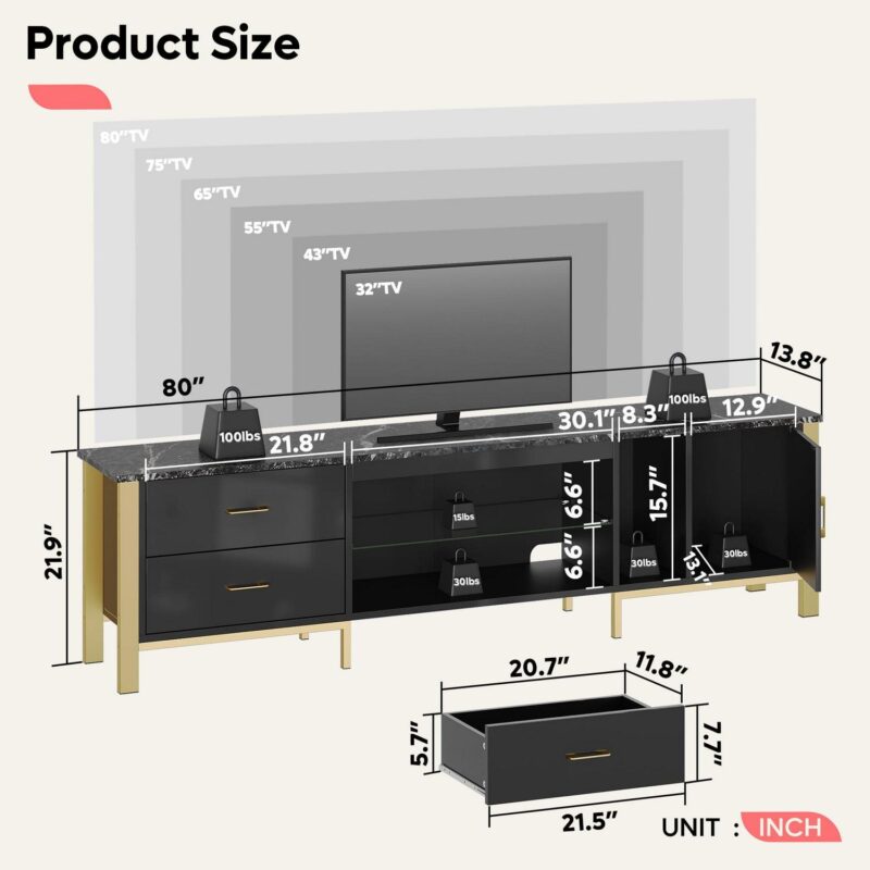Bestier 80  Modern TV Stand LED Entertainment Center High Gloss Console Table for TVs up to 85  with Storage Cabinet and Drawers, Black - Image 5