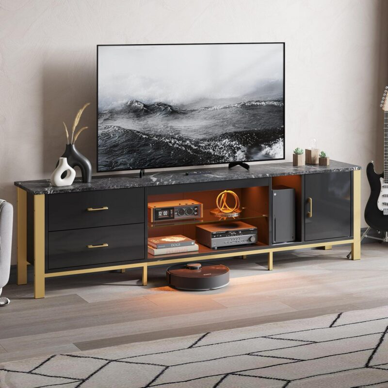 Bestier 80  Modern TV Stand LED Entertainment Center High Gloss Console Table for TVs up to 85  with Storage Cabinet and Drawers, Black - Image 6