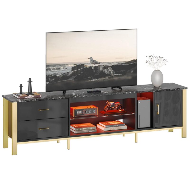 Bestier 80  Modern TV Stand LED Entertainment Center High Gloss Console Table for TVs up to 85  with Storage Cabinet and Drawers, Black - Image 8