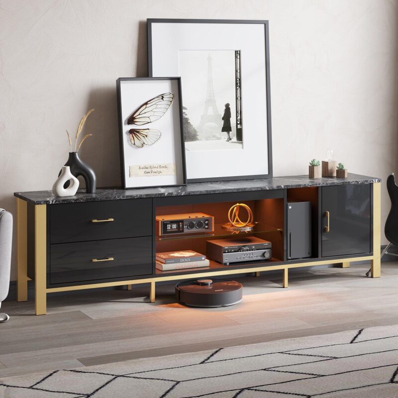 Bestier 80  Modern TV Stand LED Entertainment Center High Gloss Console Table for TVs up to 85  with Storage Cabinet and Drawers, Black - Image 3