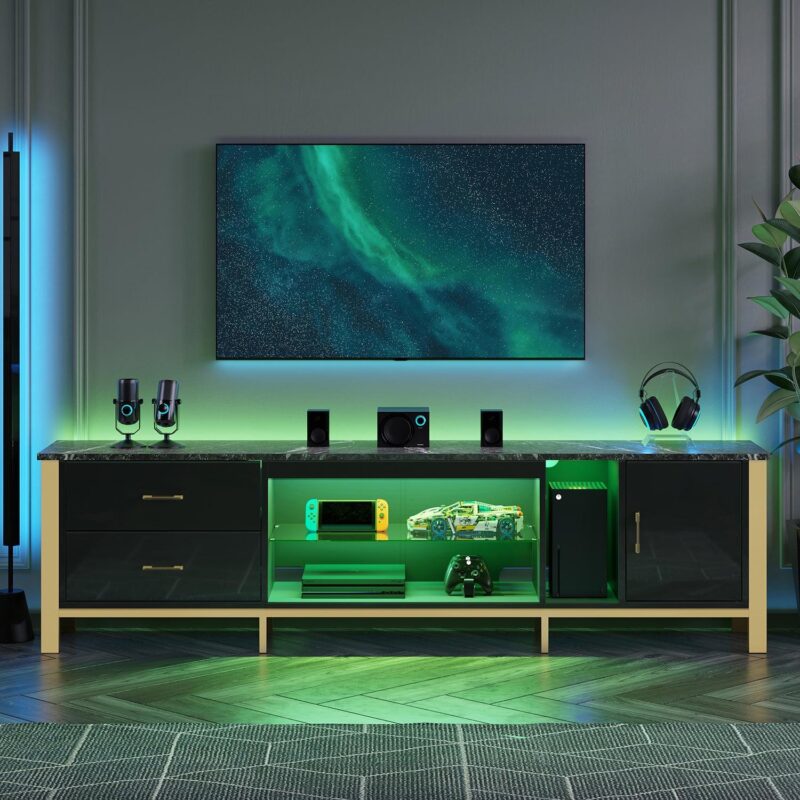 Bestier 80  Modern TV Stand LED Entertainment Center High Gloss Console Table for TVs up to 85  with Storage Cabinet and Drawers, Black