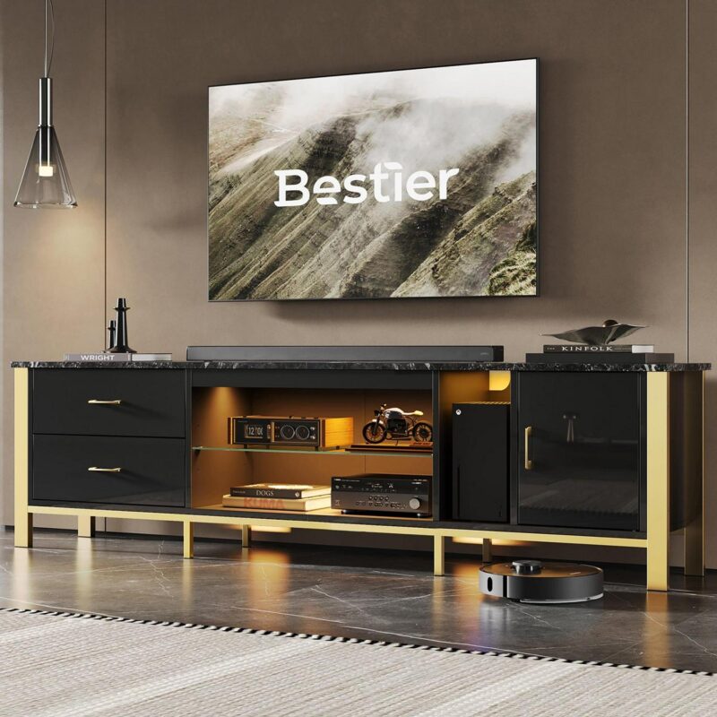 Bestier 80  Modern TV Stand LED Entertainment Center High Gloss Console Table for TVs up to 85  with Storage Cabinet and Drawers, Black - Image 7