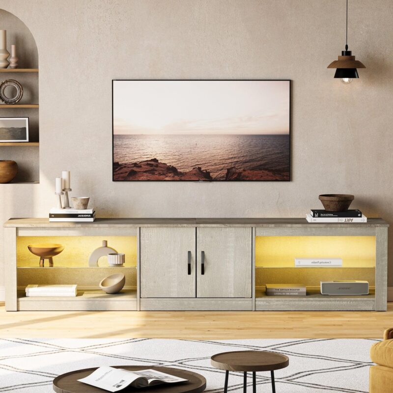 Bestier 80  TV Stand for TVs up to 85  with LED Lights Entertainment Center for Living Room in Wash White