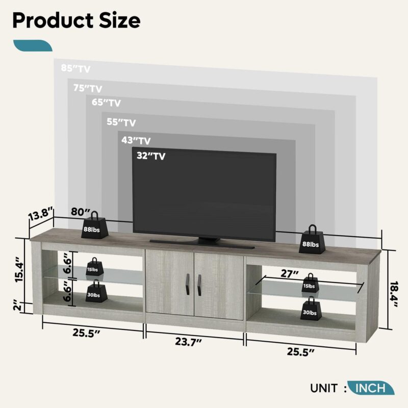 Bestier 80  TV Stand for TVs up to 85  with LED Lights Entertainment Center for Living Room in Wash White - Image 8