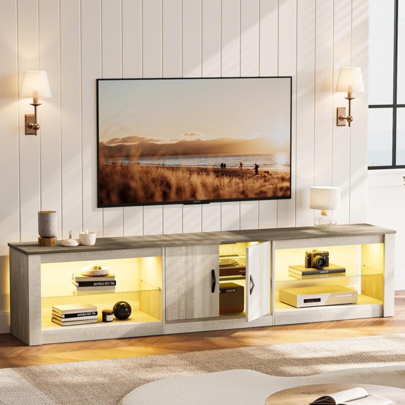 Bestier 80  TV Stand for TVs up to 85  with LED Lights Entertainment Center for Living Room in Wash White - Image 7