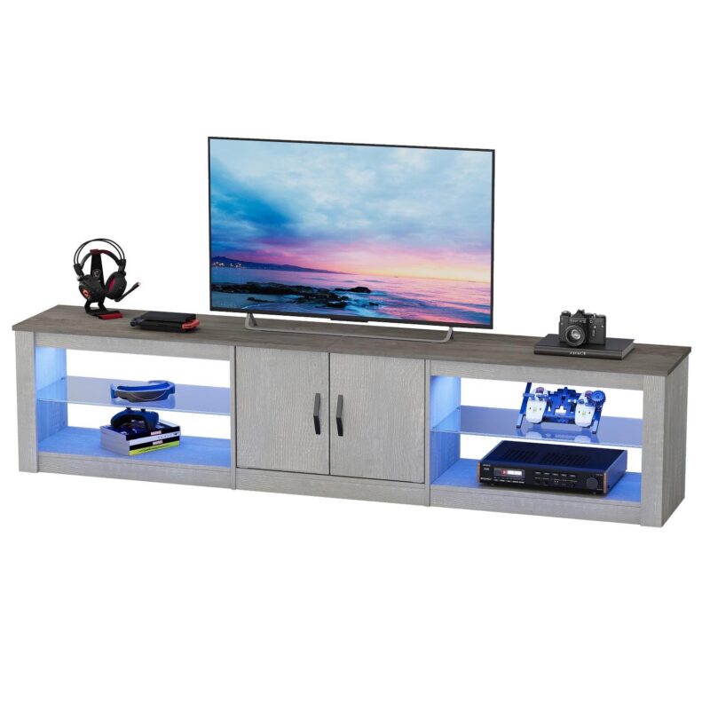Bestier 80  TV Stand for TVs up to 85  with LED Lights Entertainment Center for Living Room in Wash White - Image 5