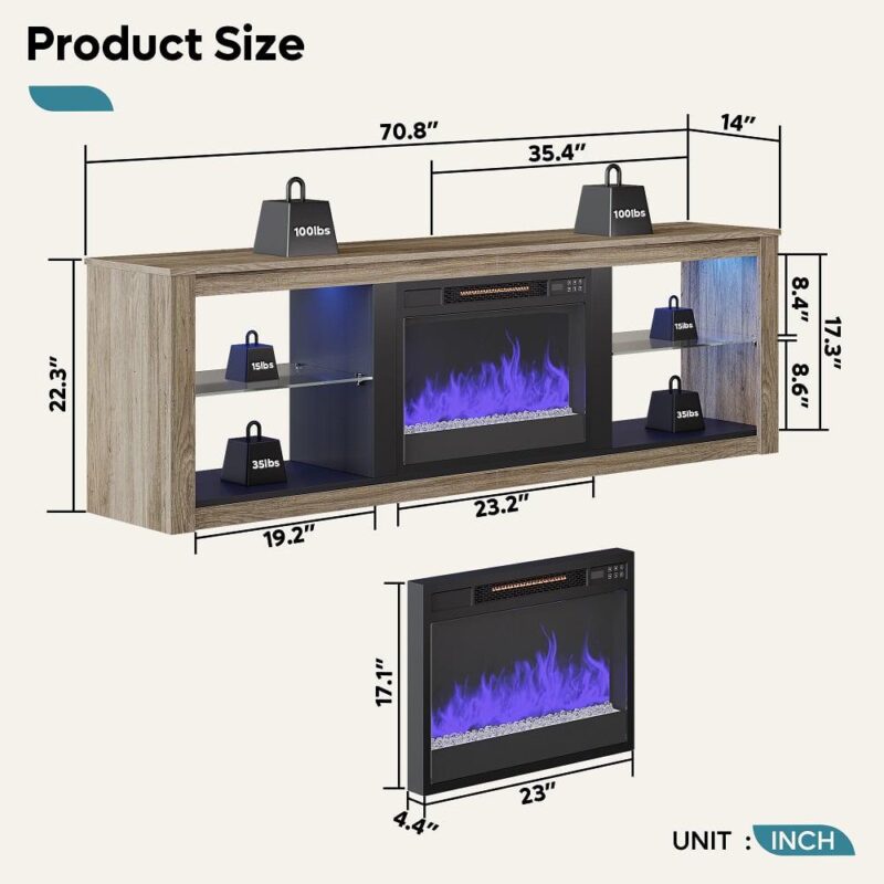 Bestier Electric Fireplace TV Stand for 75  TV Farmhouse Entertainment Center with LED Light for Living Room in Wash Grey - Image 10