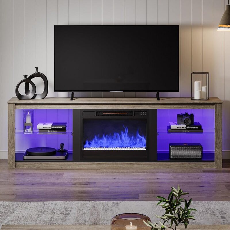 Bestier Electric Fireplace TV Stand for 75  TV Farmhouse Entertainment Center with LED Light for Living Room in Wash Grey - Image 2