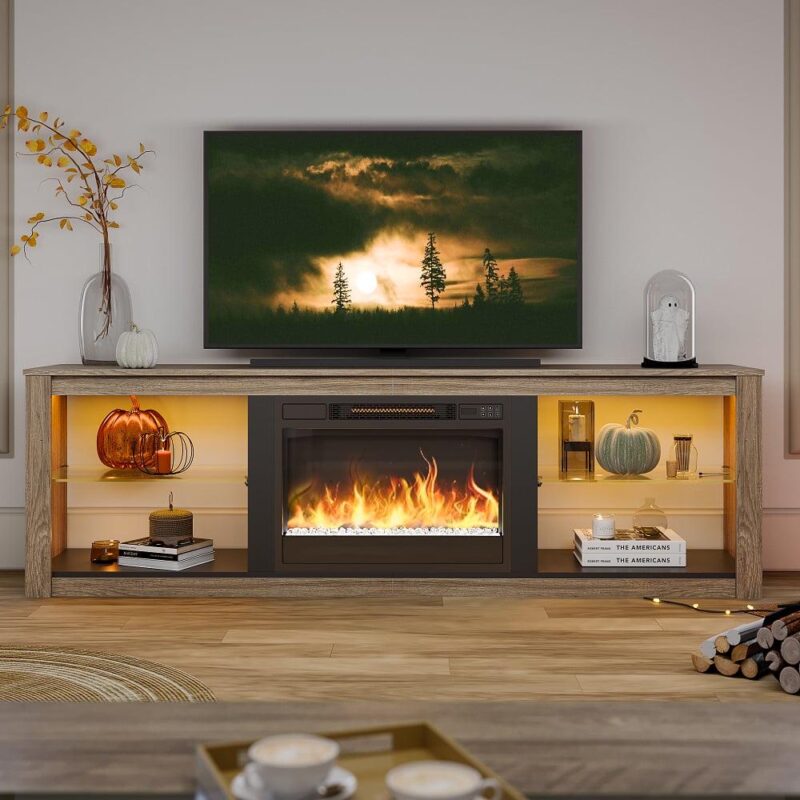 Bestier Electric Fireplace TV Stand for 75  TV Farmhouse Entertainment Center with LED Light for Living Room in Wash Grey - Image 3