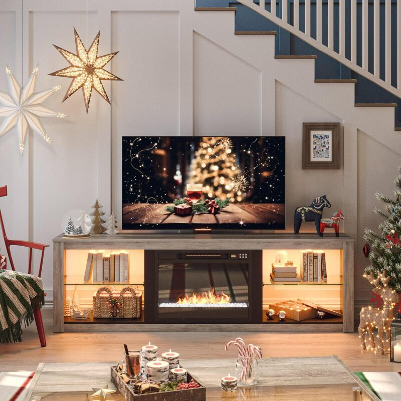 Bestier Electric Fireplace TV Stand for 75  TV Farmhouse Entertainment Center with LED Light for Living Room in Wash Grey - Image 5