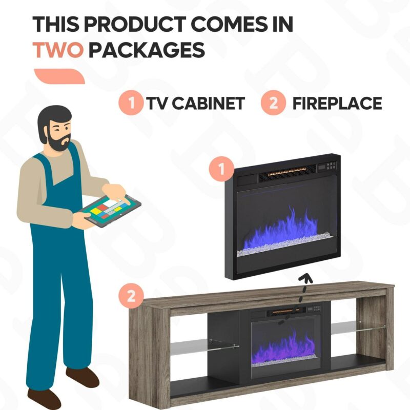 Bestier Electric Fireplace TV Stand for 75  TV Farmhouse Entertainment Center with LED Light for Living Room in Wash Grey - Image 4