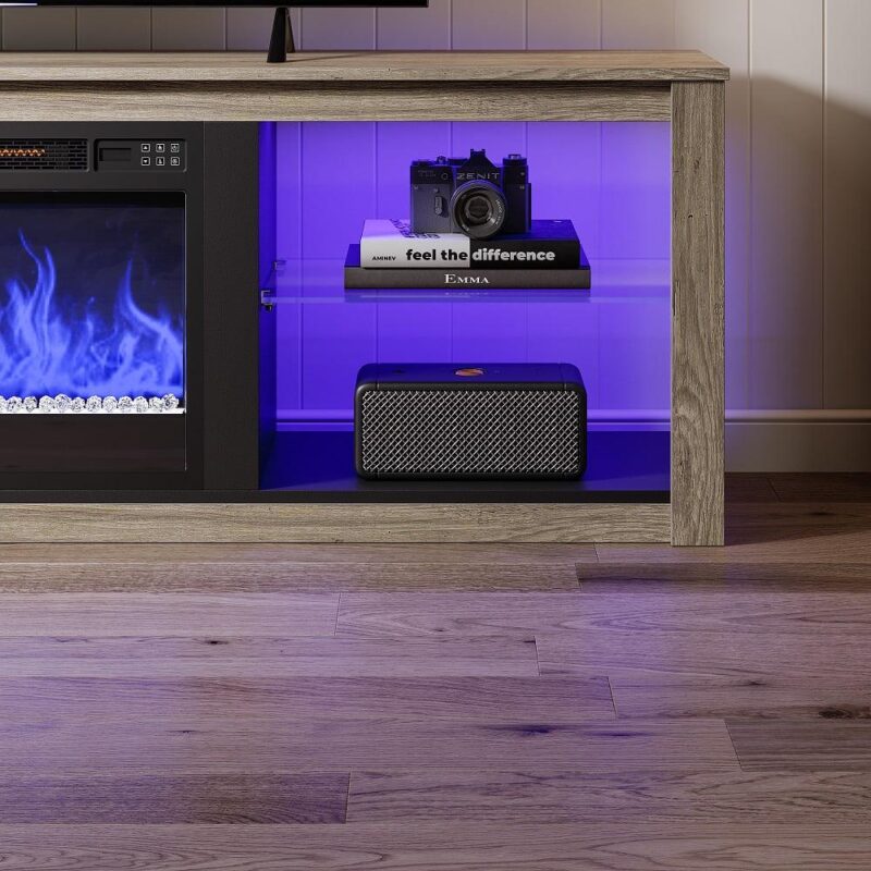 Bestier Electric Fireplace TV Stand for 75  TV Farmhouse Entertainment Center with LED Light for Living Room in Wash Grey - Image 6