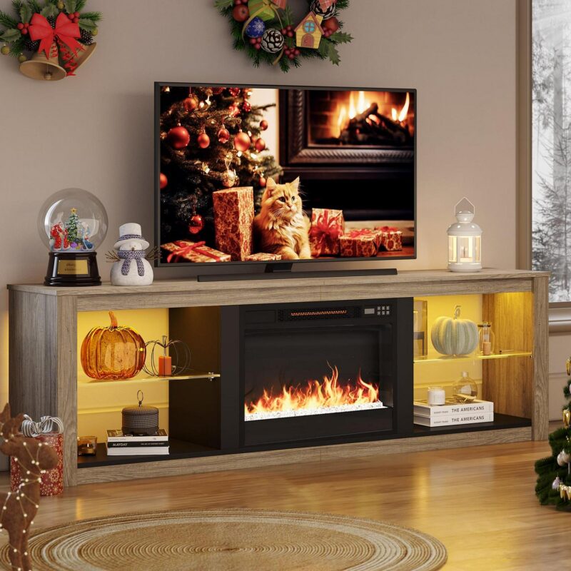 Bestier Electric Fireplace TV Stand for 75  TV Farmhouse Entertainment Center with LED Light for Living Room in Wash Grey