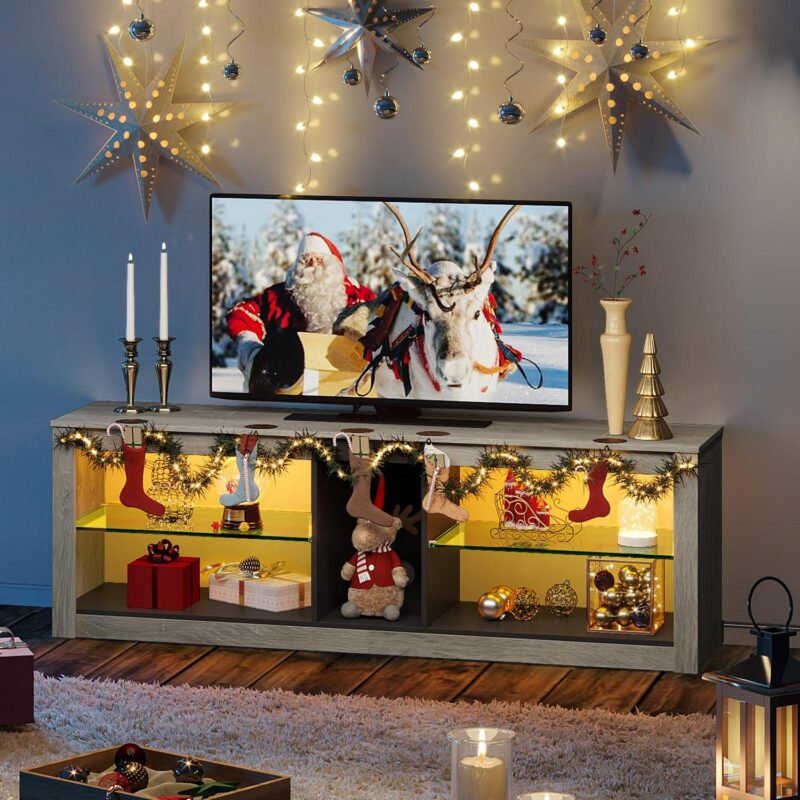 Bestier Entertainment Center with LED Lights TV Stand Media Console Table for TVs up to 60  in Light Grey