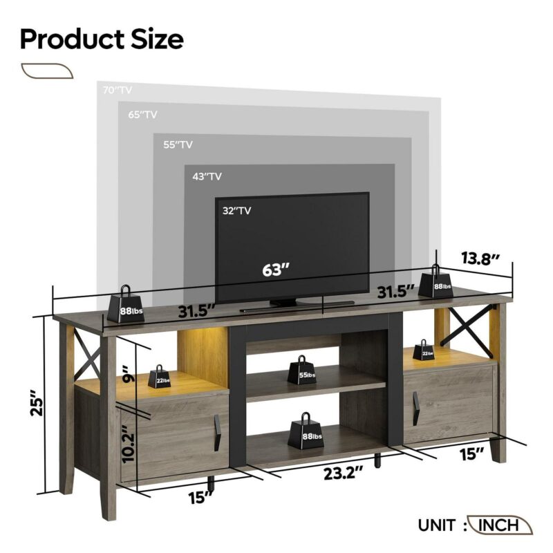 Bestier Farmhouse LED TV Stand for TVs up to 70  Entertainment Center with Storage Shelves in Wash Gray - Image 5
