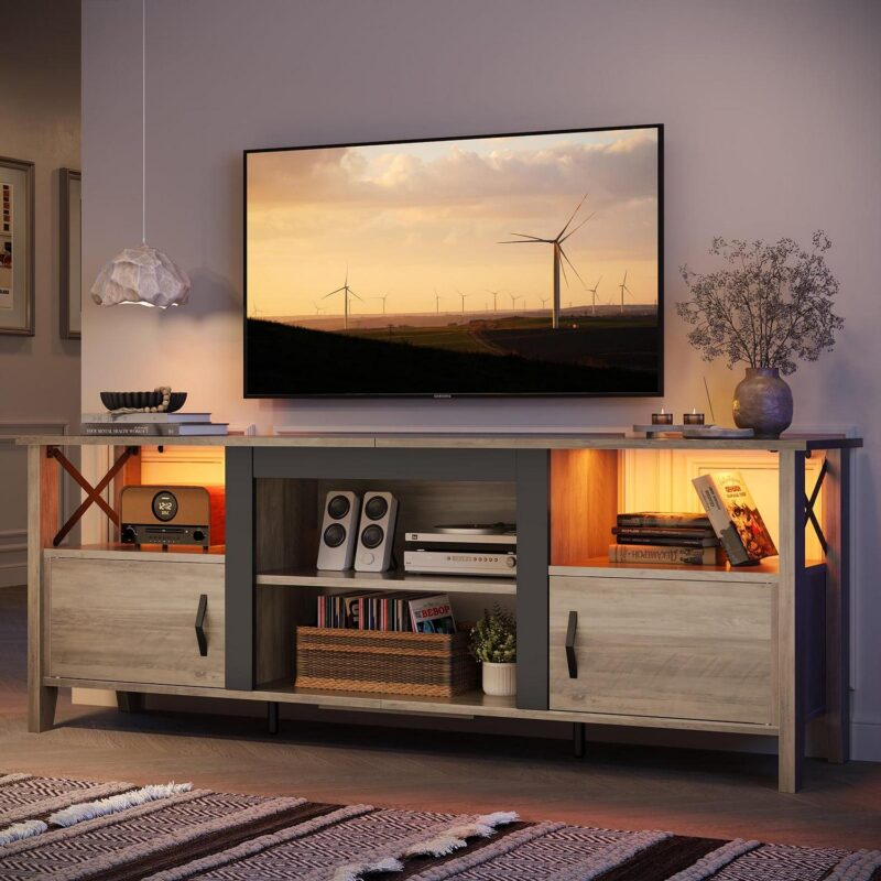 Bestier Farmhouse LED TV Stand for TVs up to 70  Entertainment Center with Storage Shelves in Wash Gray - Image 2