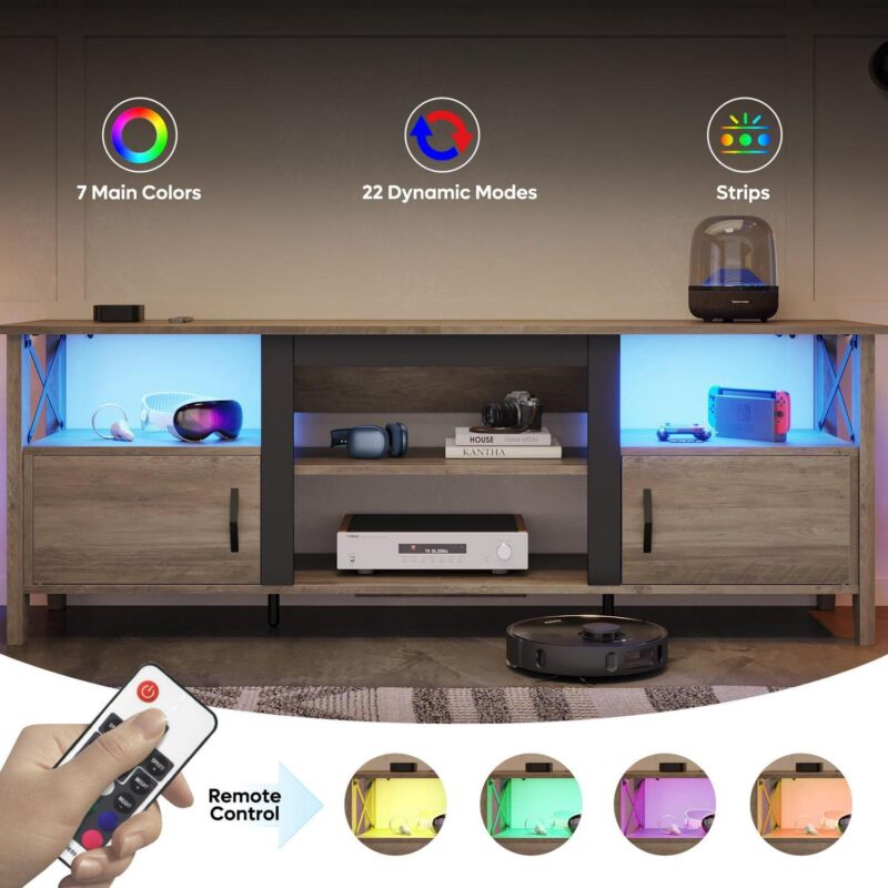 Bestier Farmhouse LED TV Stand for TVs up to 70  Entertainment Center with Storage Shelves in Wash Gray - Image 3