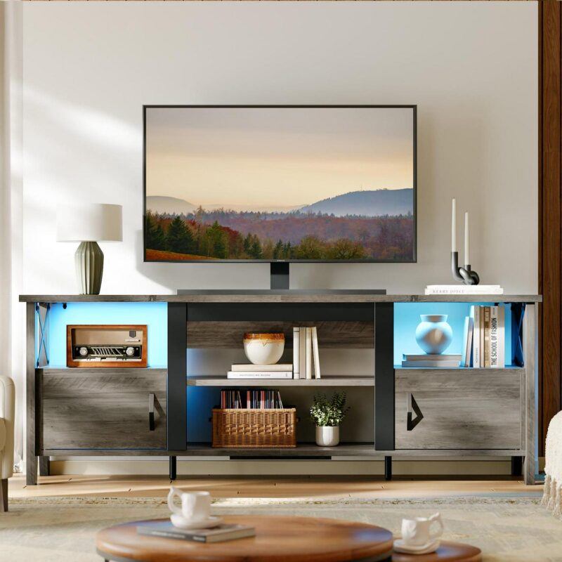 Bestier Farmhouse LED TV Stand for TVs up to 70  Entertainment Center with Storage Shelves in Wash Gray - Image 4