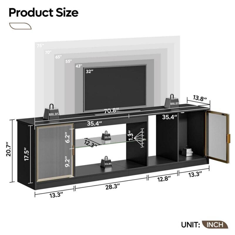 Bestier LED Gaming TV Stand for 60/70/80 inch TV, Entertainment Center with Cabinet for PS5, TV Console for Living Room Bedroom, Black - Image 3